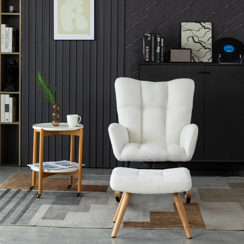 Chaise à bascule en polaire effet peluche blanche dossier haut avec repose-pieds TRAGNIELS
