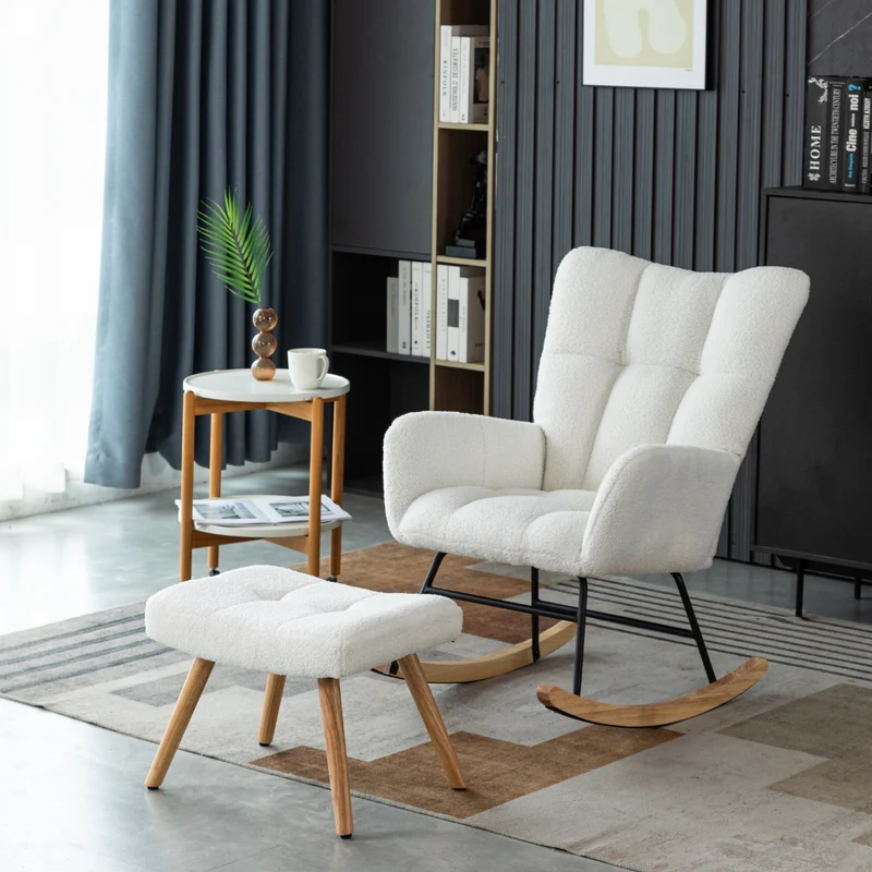 Chaise à bascule en polaire effet peluche blanche dossier haut avec repose-pieds TRAGNIELS