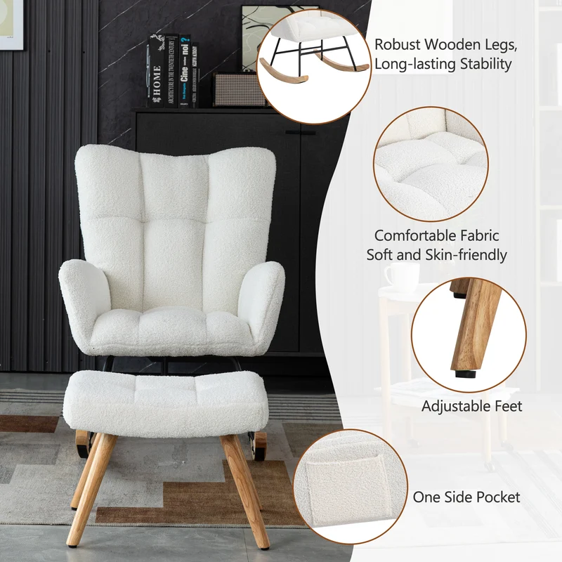 Chaise à bascule en polaire effet peluche blanche dossier haut avec repose-pieds TRAGNIELS