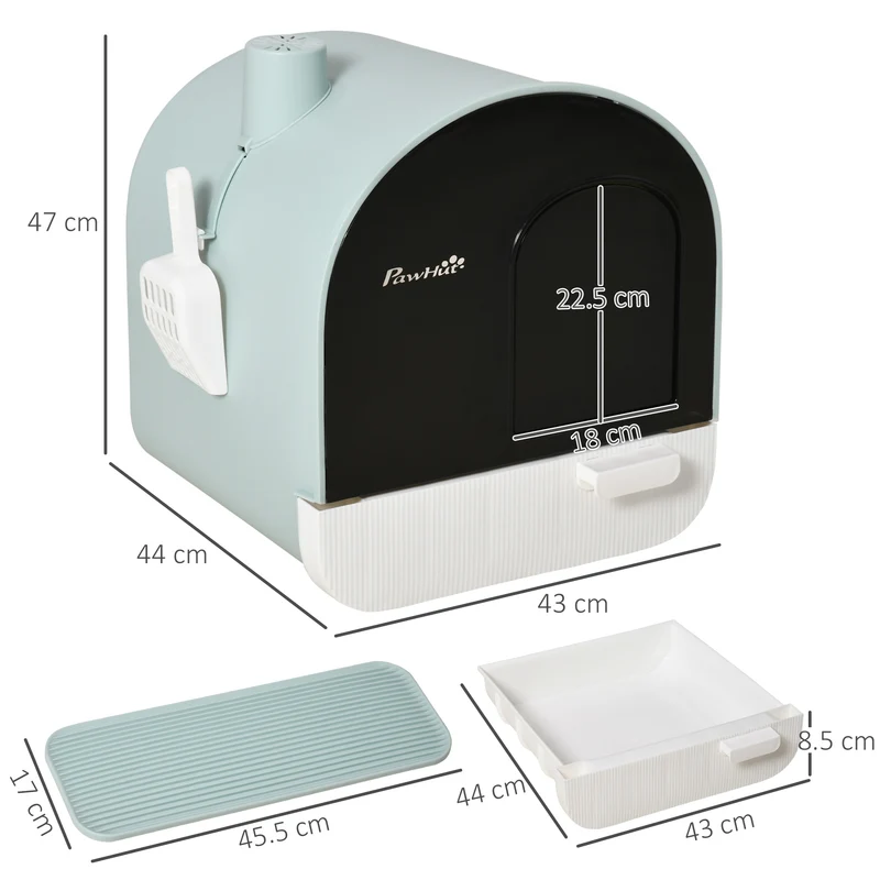 Mortised 43x44x47cm Bac à Litière Fermé pour Chat, Plastique Vert, avec Tapis et Couvercle, jusqu'à 5kg