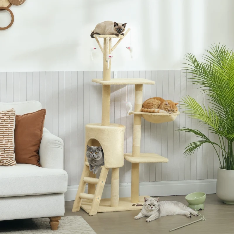 Visitandine Arbre à chat 134 cm Beige avec griffoirs sisal, grande plateforme, jouets, niche, pour chats <5kg