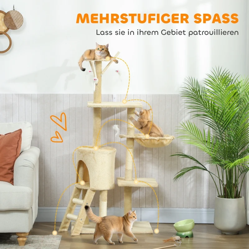 Visitandine Arbre à chat 134 cm Beige avec griffoirs sisal, grande plateforme, jouets, niche, pour chats <5kg