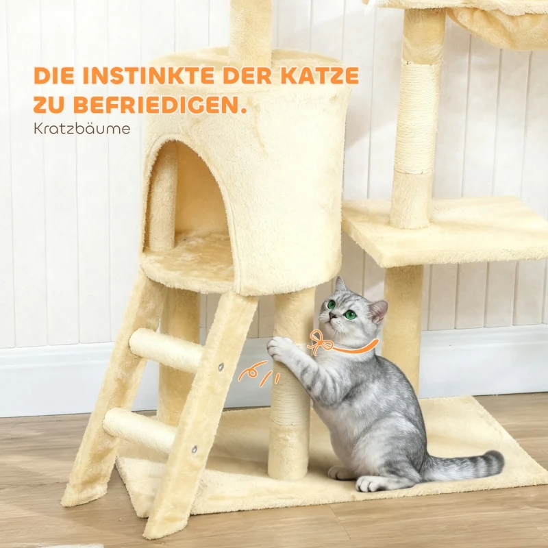 Visitandine Arbre à chat 134 cm Beige avec griffoirs sisal, grande plateforme, jouets, niche, pour chats <5kg