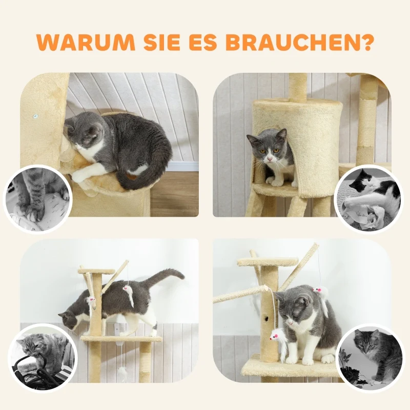 Visitandine Arbre à chat 134 cm Beige avec griffoirs sisal, grande plateforme, jouets, niche, pour chats <5kg
