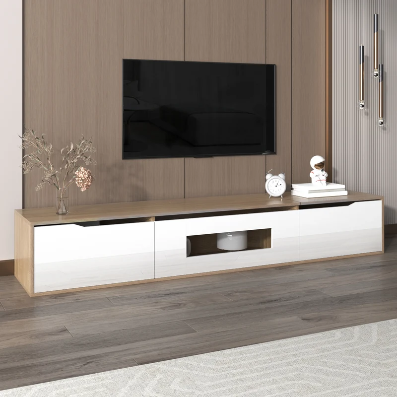Meuble TV haut brillant blanc et effet bois 180x35x30 cm avec éclairage LED multicolore LIMESTONEBLUFF