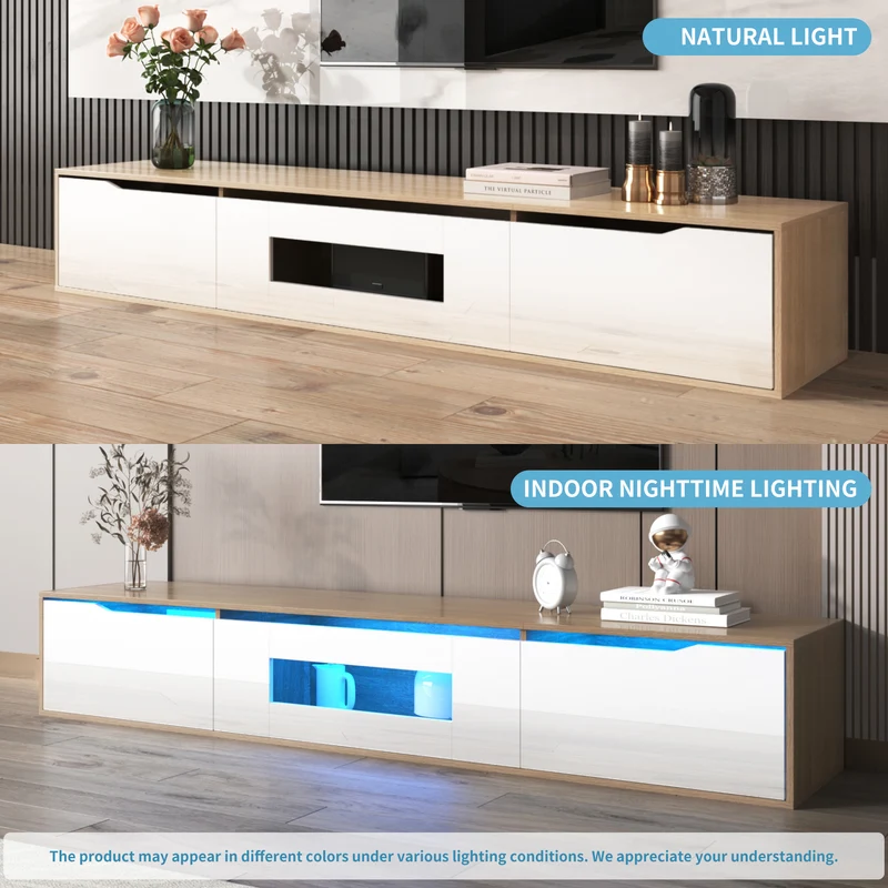 Meuble TV haut brillant blanc et effet bois 180x35x30 cm avec éclairage LED multicolore LIMESTONEBLUFF