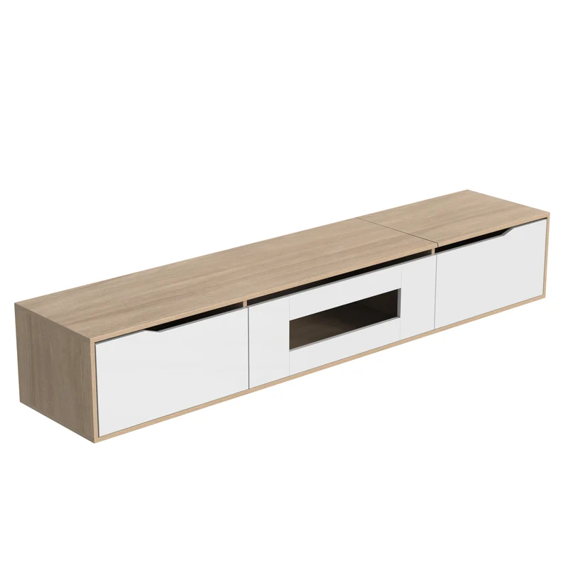 Meuble TV haut brillant blanc et effet bois 180x35x30 cm avec éclairage LED multicolore LIMESTONEBLUFF