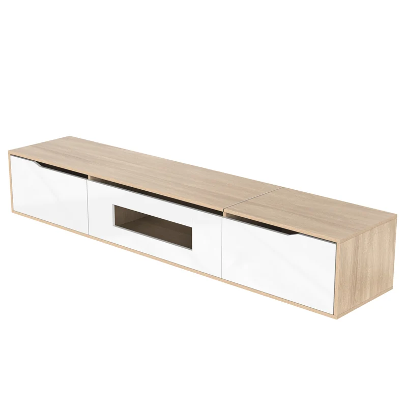 Meuble TV haut brillant blanc et effet bois 180x35x30 cm avec éclairage LED multicolore LIMESTONEBLUFF
