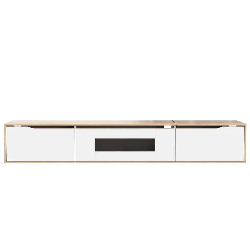 Meuble TV haut brillant blanc et effet bois 180x35x30 cm avec éclairage LED multicolore LIMESTONEBLUFF