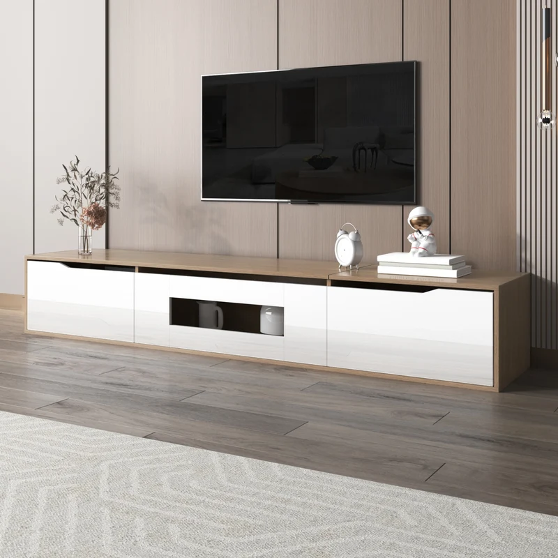 Meuble TV haut brillant blanc et effet bois 180x35x30 cm avec éclairage LED multicolore LIMESTONEBLUFF