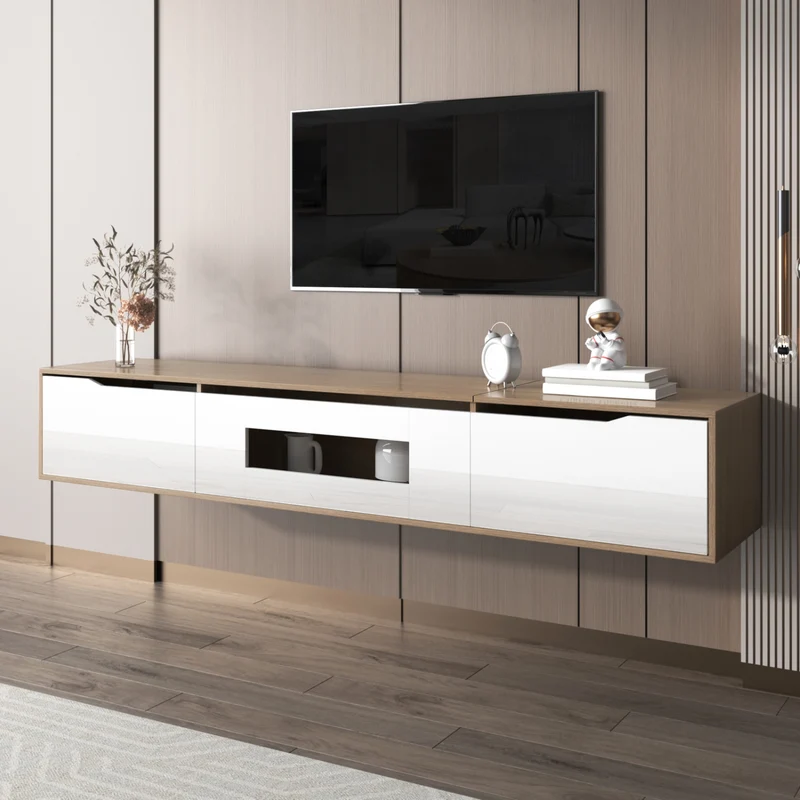 Meuble TV haut brillant blanc et effet bois 180x35x30 cm avec éclairage LED multicolore LIMESTONEBLUFF