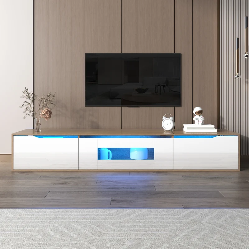 Meuble TV haut brillant blanc et effet bois 180x35x30 cm avec éclairage LED multicolore LIMESTONEBLUFF