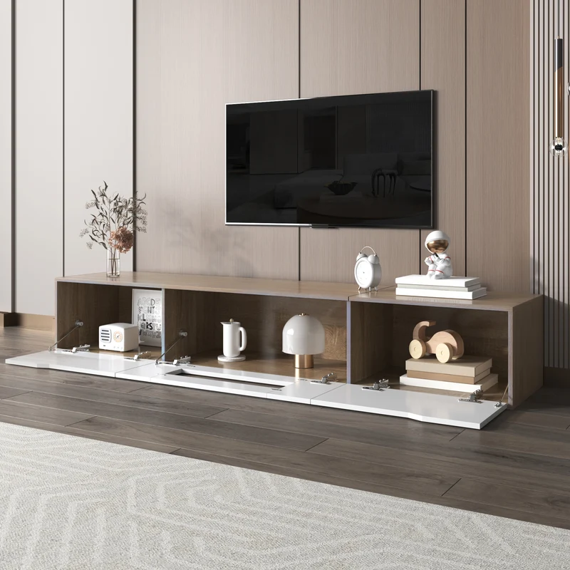 Meuble TV haut brillant blanc et effet bois 180x35x30 cm avec éclairage LED multicolore LIMESTONEBLUFF