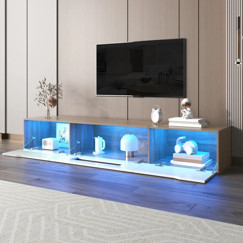 Meuble TV haut brillant blanc et effet bois 180x35x30 cm avec éclairage LED multicolore LIMESTONEBLUFF