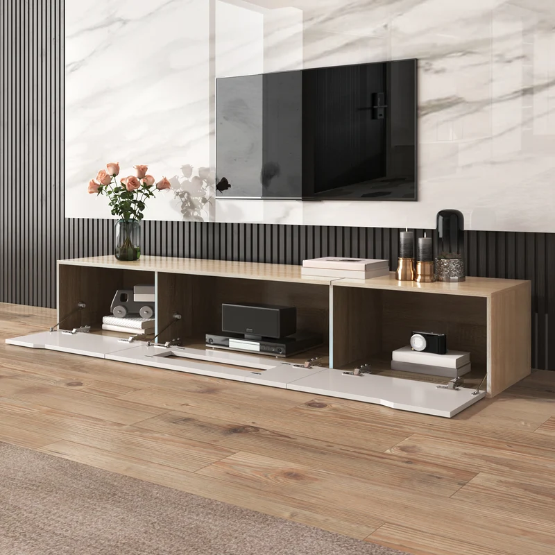 Meuble TV haut brillant blanc et effet bois 180x35x30 cm avec éclairage LED multicolore LIMESTONEBLUFF