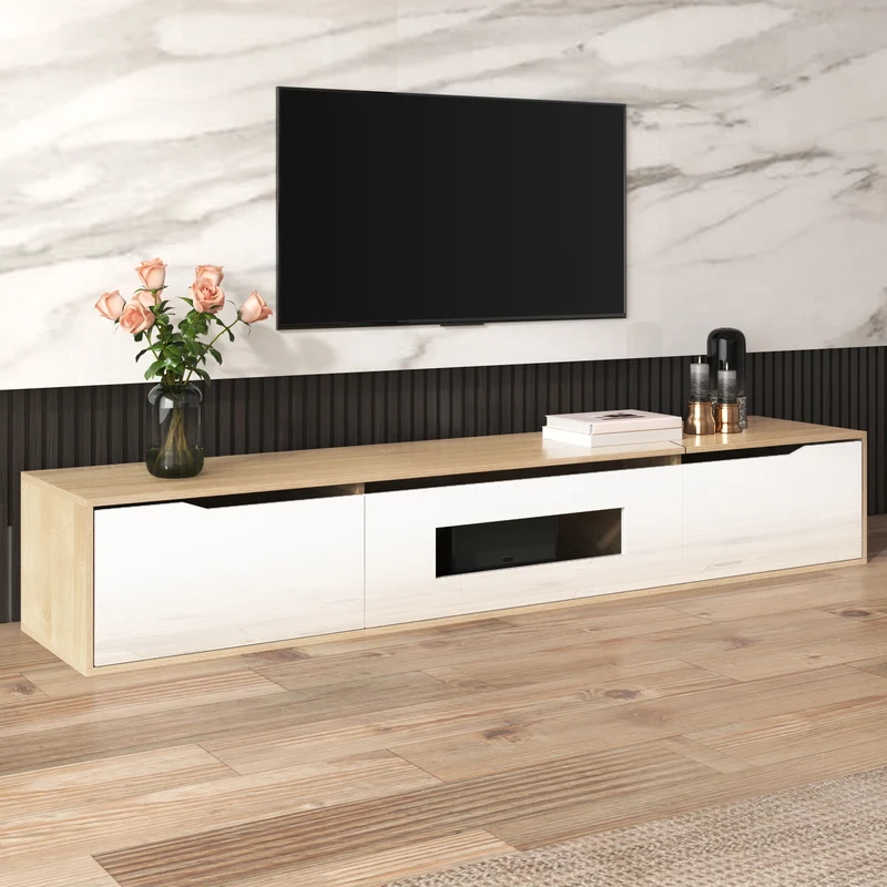 Meuble TV haut brillant blanc et effet bois 180x35x30 cm avec éclairage LED multicolore LIMESTONEBLUFF