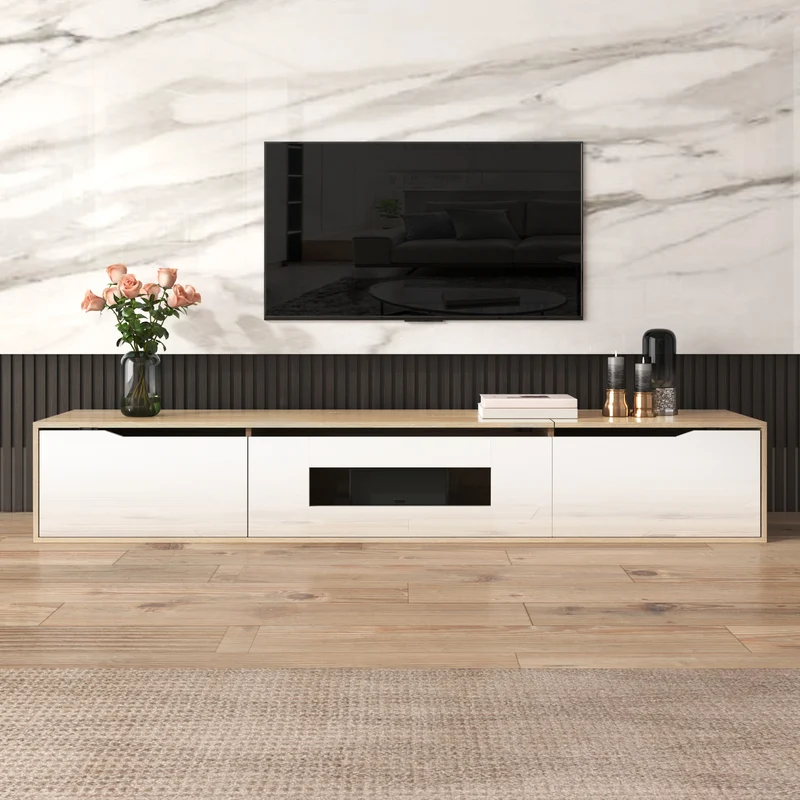 Meuble TV haut brillant blanc et effet bois 180x35x30 cm avec éclairage LED multicolore LIMESTONEBLUFF