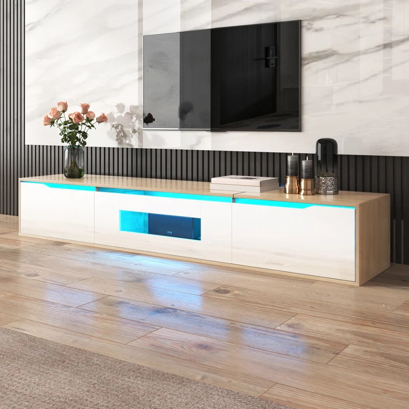 Meuble TV haut brillant blanc et effet bois 180x35x30 cm avec éclairage LED multicolore LIMESTONEBLUFF