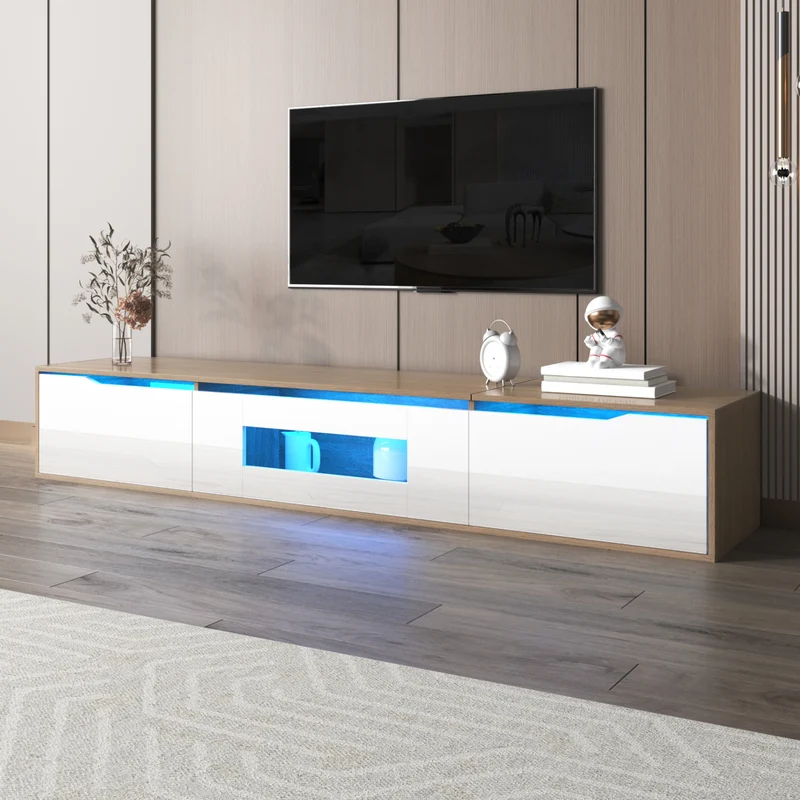 Meuble TV haut brillant blanc et effet bois 180x35x30 cm avec éclairage LED multicolore LIMESTONEBLUFF