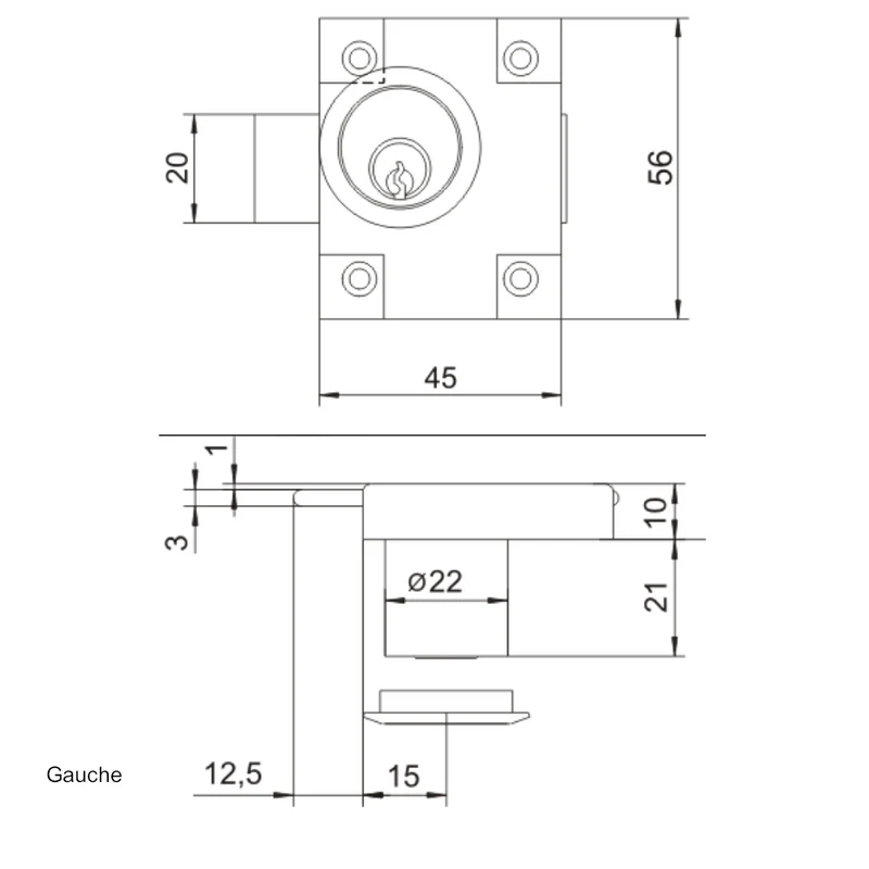 Serrure de meuble gauche/droite 22x21mm