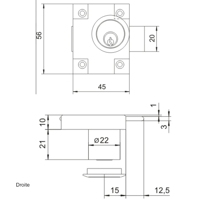 Serrure de meuble gauche/droite 22x21mm
