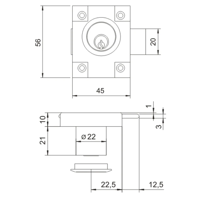 Serrure pour meubles 22x21mm