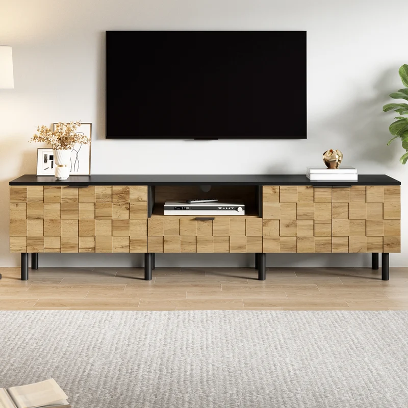 Meuble TV effet bois design damier 2 portes 1 tiroir 170cm ADJUSTSILKPRO