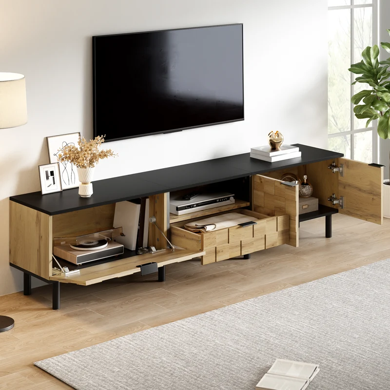 Meuble TV effet bois design damier 2 portes 1 tiroir 170cm ADJUSTSILKPRO