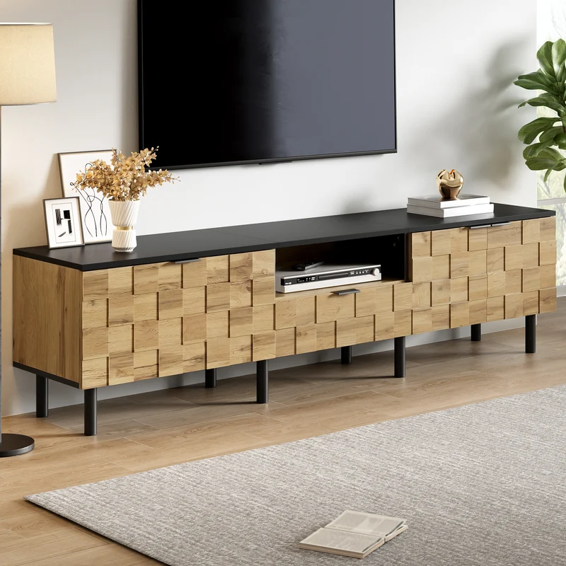 Meuble TV effet bois design damier 2 portes 1 tiroir 170cm ADJUSTSILKPRO