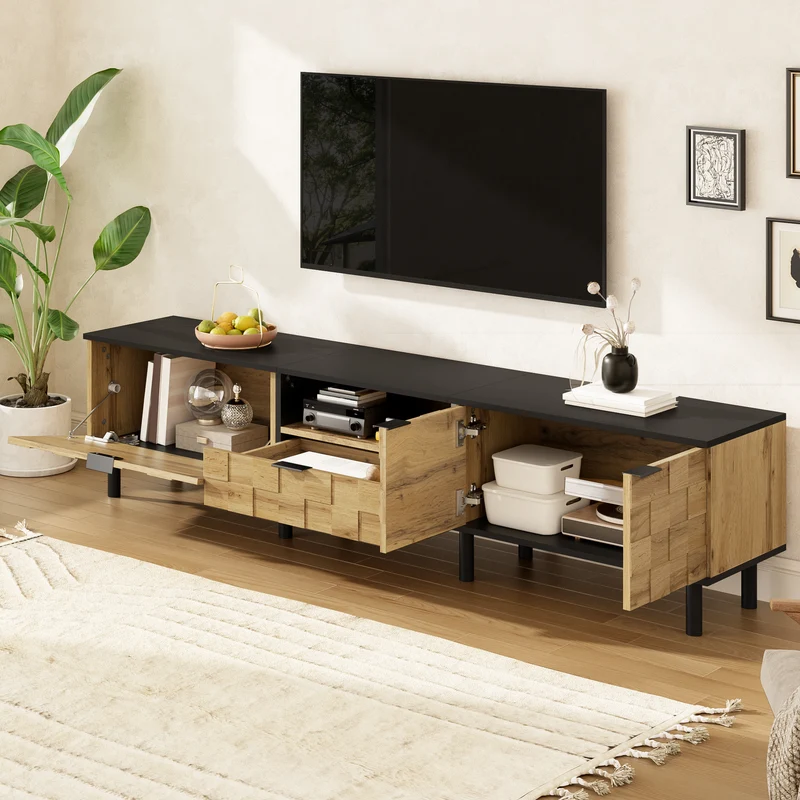 Meuble TV effet bois design damier 2 portes 1 tiroir 170cm ADJUSTSILKPRO