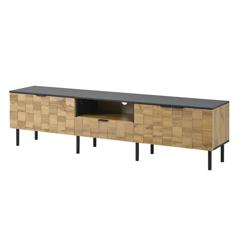 Meuble TV effet bois design damier 2 portes 1 tiroir 170cm ADJUSTSILKPRO