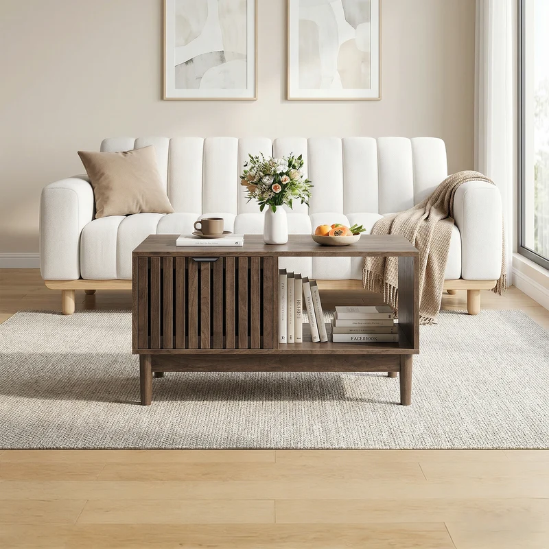 Table basse effet noyer design latte 1 tiroir et niche ouvertes 80x50x45cm ADJUSTWICKERELITE