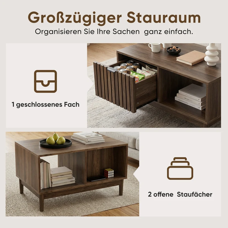 Table basse effet noyer design latte 1 tiroir et niche ouvertes 80x50x45cm ADJUSTWICKERELITE