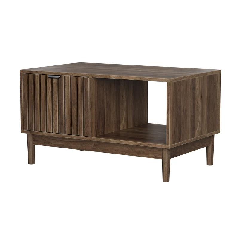 Table basse effet noyer design latte 1 tiroir et niche ouvertes 80x50x45cm ADJUSTWICKERELITE