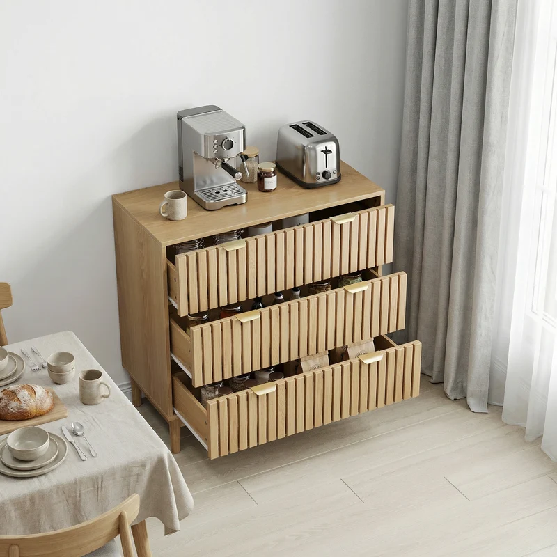 Buffet design latte effet chêne 3 tiroirs 80x39x80cm PEARLPINNACLE