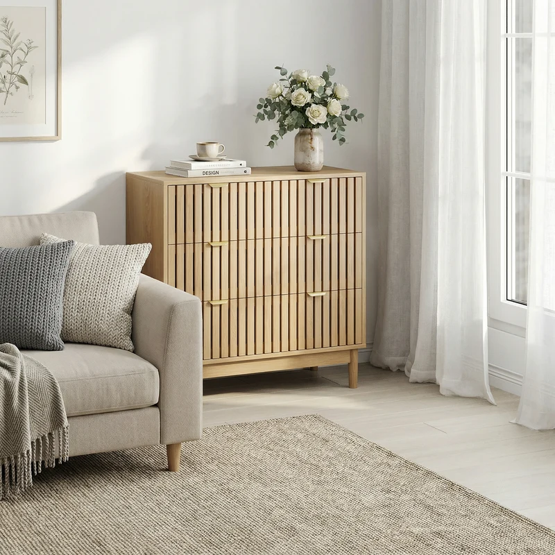 Buffet design latte effet chêne 3 tiroirs 80x39x80cm PEARLPINNACLE