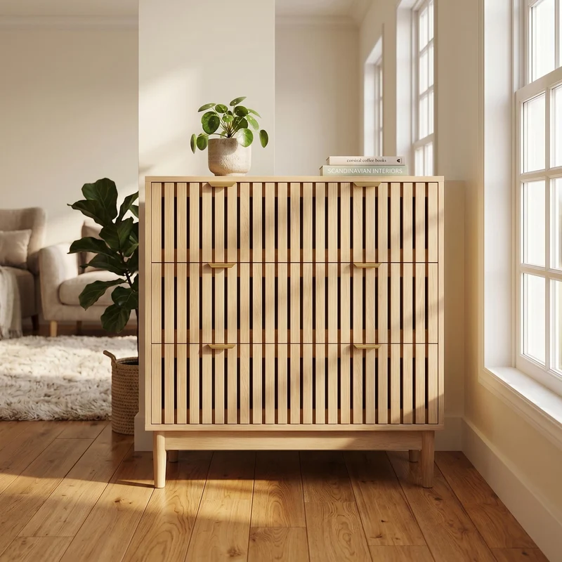 Buffet design latte effet chêne 3 tiroirs 80x39x80cm PEARLPINNACLE