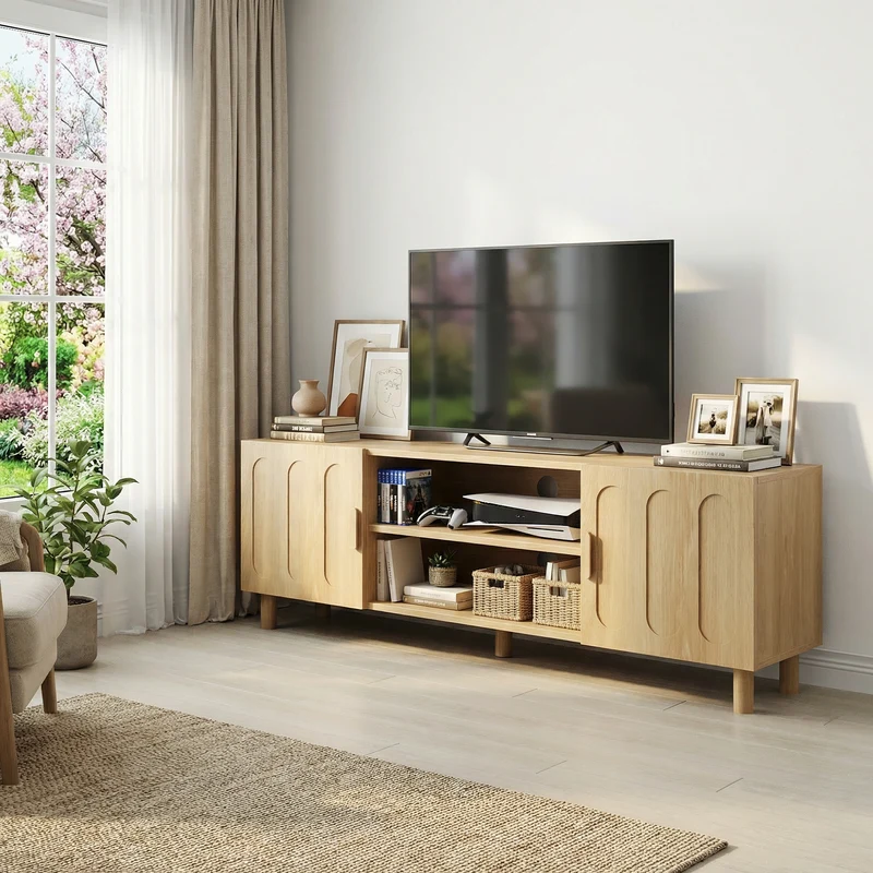 Meuble TV effet chêne 2 portes détails arrondis 140x40x46cm ADJUSTALUMINUMPRIME