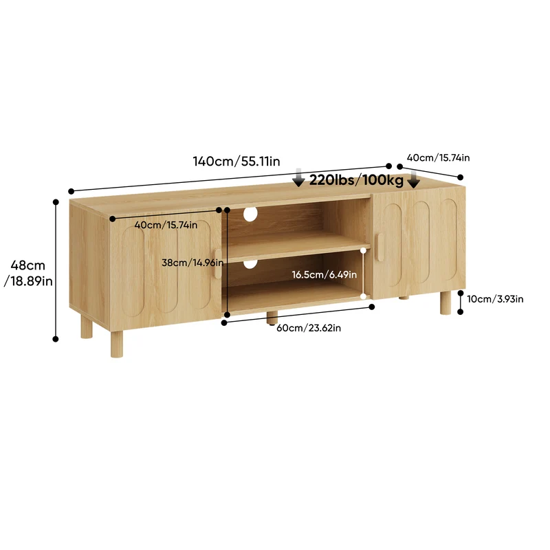 Meuble TV effet chêne 2 portes détails arrondis 140x40x46cm ADJUSTALUMINUMPRIME