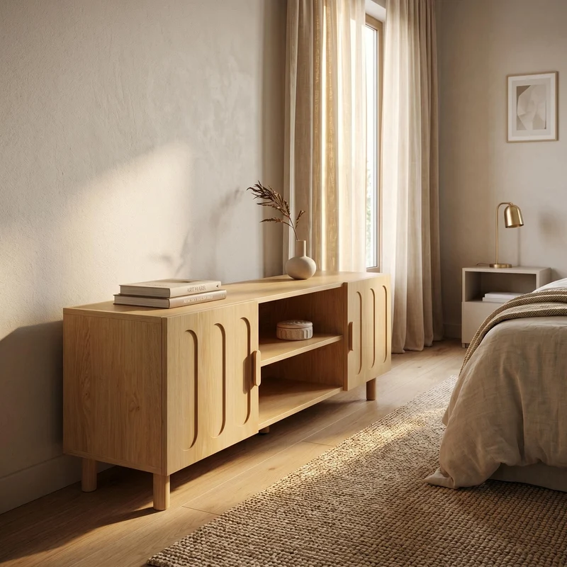 Meuble TV effet chêne 2 portes détails arrondis 140x40x46cm ADJUSTALUMINUMPRIME