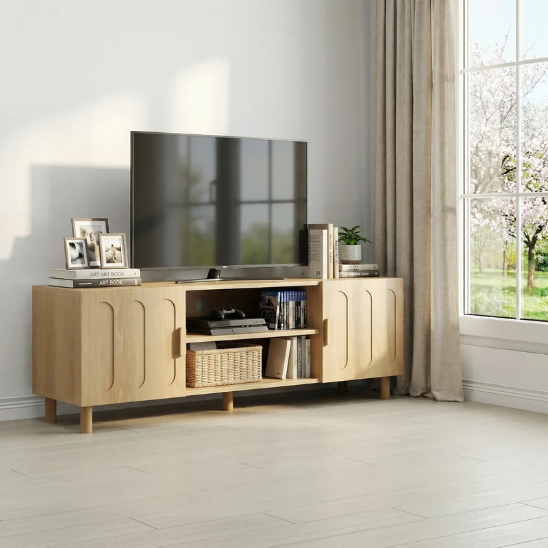 Meuble TV effet chêne 2 portes détails arrondis 140x40x46cm ADJUSTALUMINUMPRIME