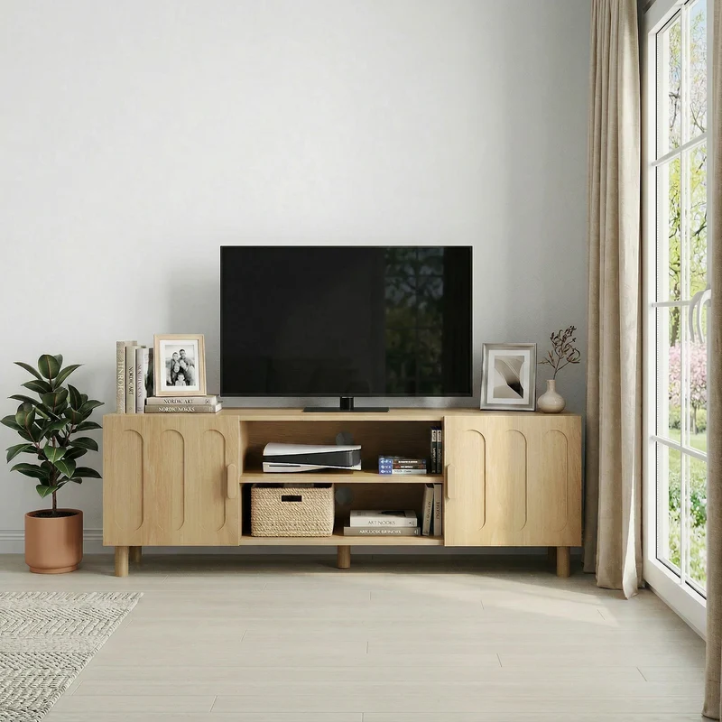 Meuble TV effet chêne 2 portes détails arrondis 140x40x46cm ADJUSTALUMINUMPRIME