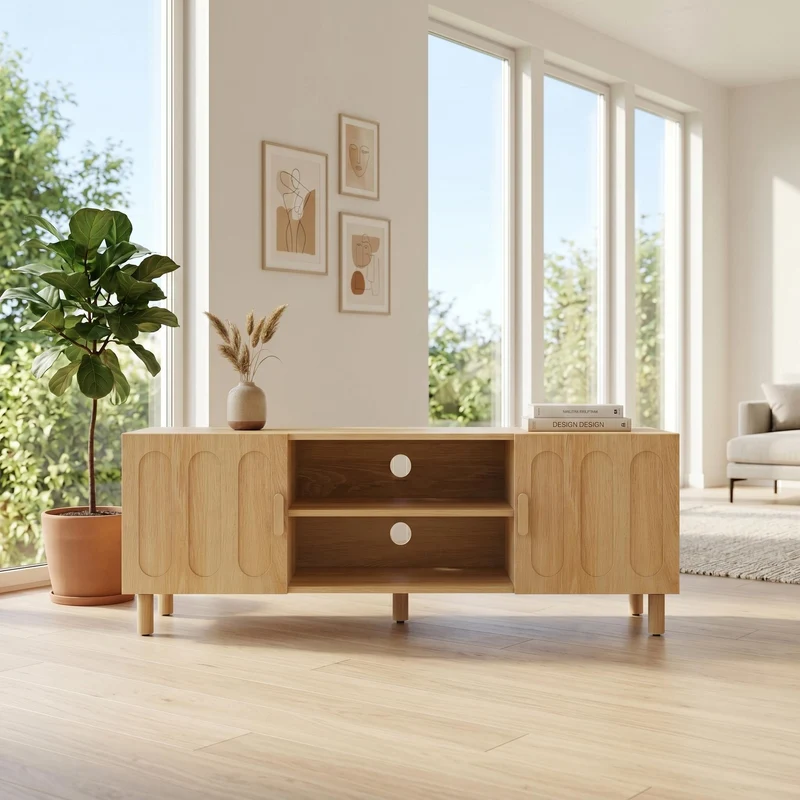 Meuble TV effet chêne 2 portes détails arrondis 140x40x46cm ADJUSTALUMINUMPRIME