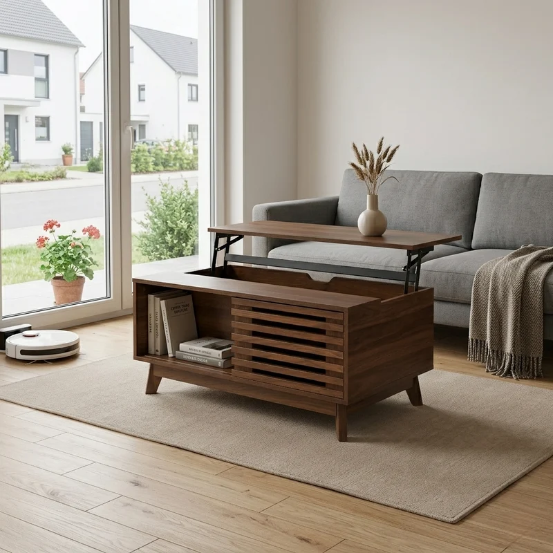 Table basse revelable réglable en hauteur effet noyer 90x55x57,5 cm ADJUSTCHEST