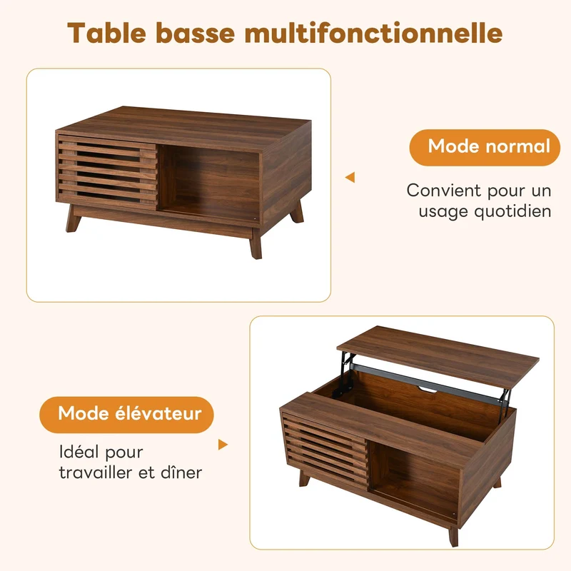Table basse revelable réglable en hauteur effet noyer 90x55x57,5 cm ADJUSTCHEST