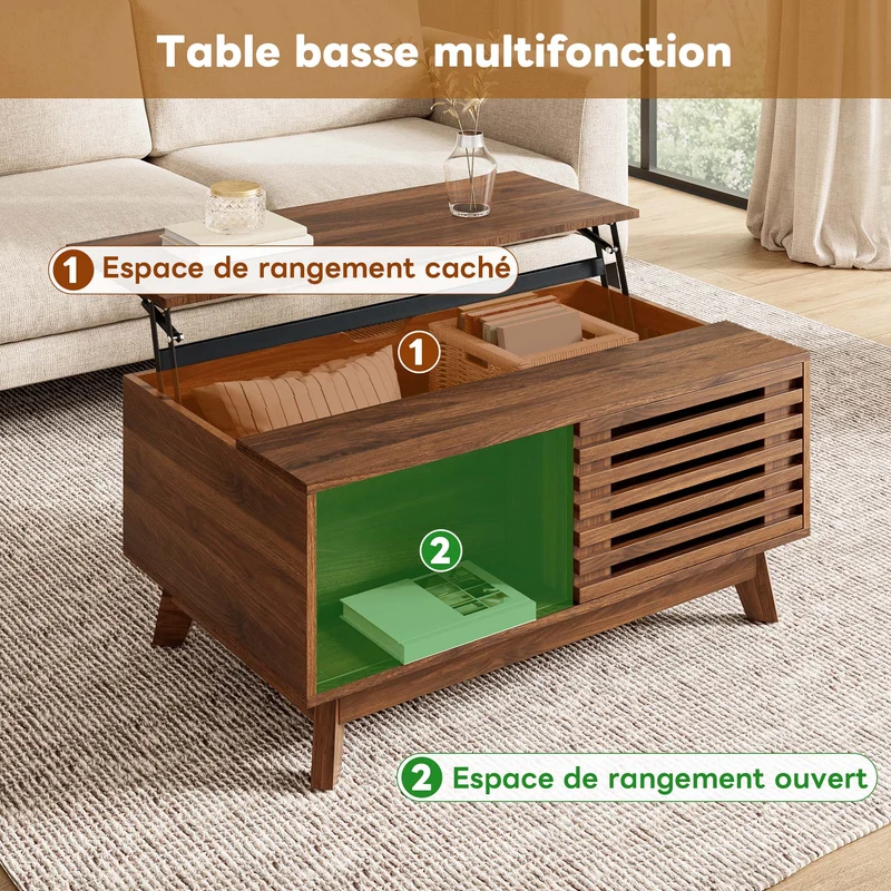 Table basse revelable réglable en hauteur effet noyer 90x55x57,5 cm ADJUSTCHEST