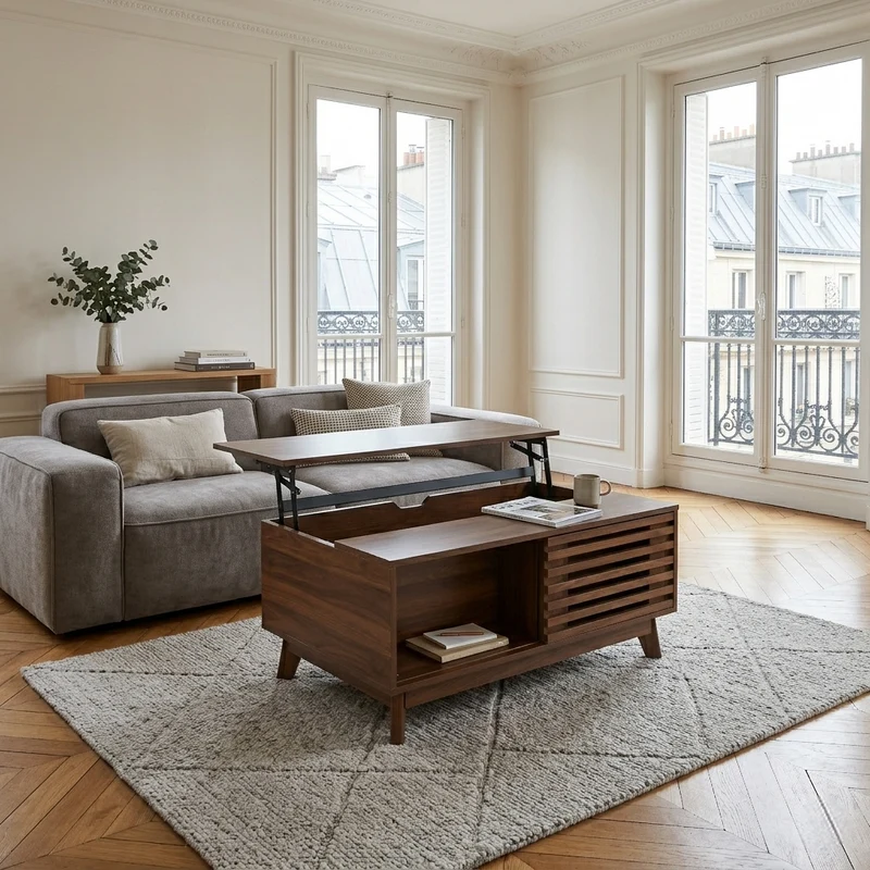 Table basse revelable réglable en hauteur effet noyer 90x55x57,5 cm ADJUSTCHEST
