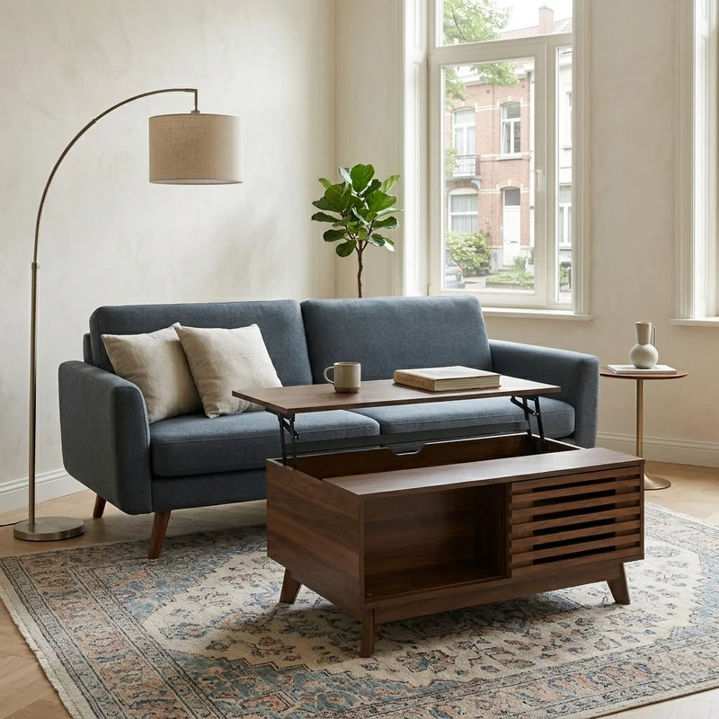 Table basse revelable réglable en hauteur effet noyer 90x55x57,5 cm ADJUSTCHEST