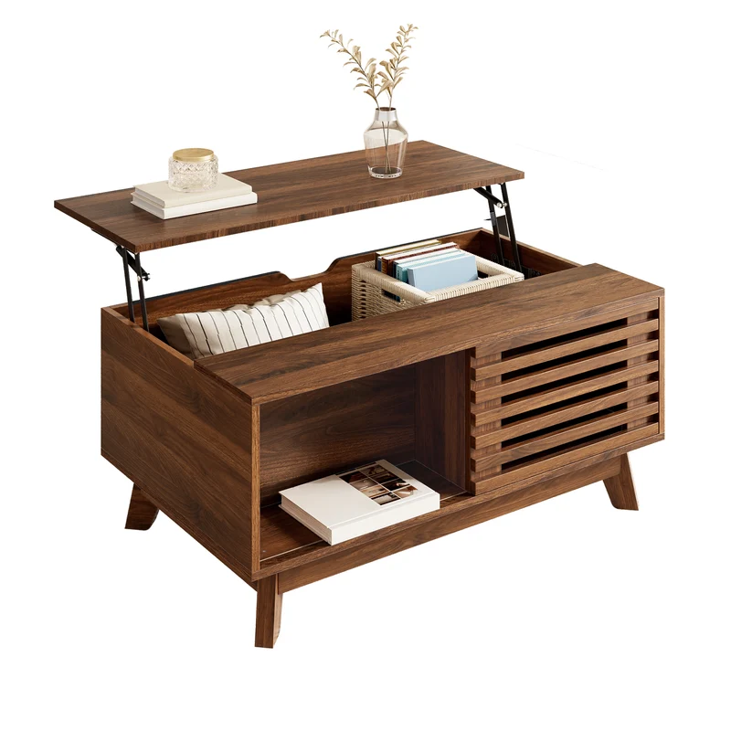 Table basse revelable réglable en hauteur effet noyer 90x55x57,5 cm ADJUSTCHEST