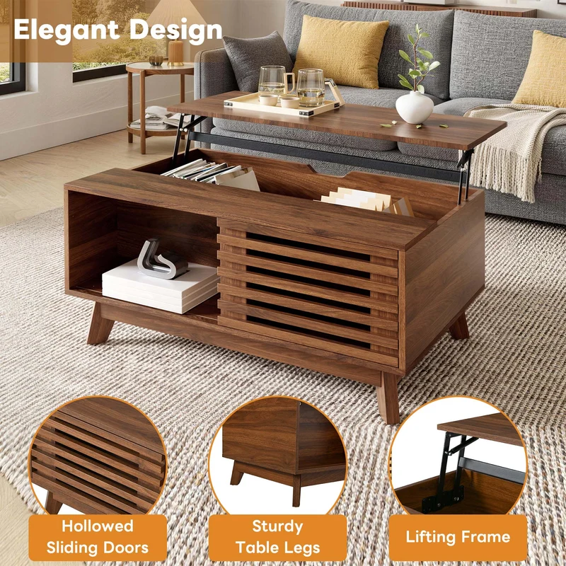 Table basse revelable réglable en hauteur effet noyer 90x55x57,5 cm ADJUSTCHEST
